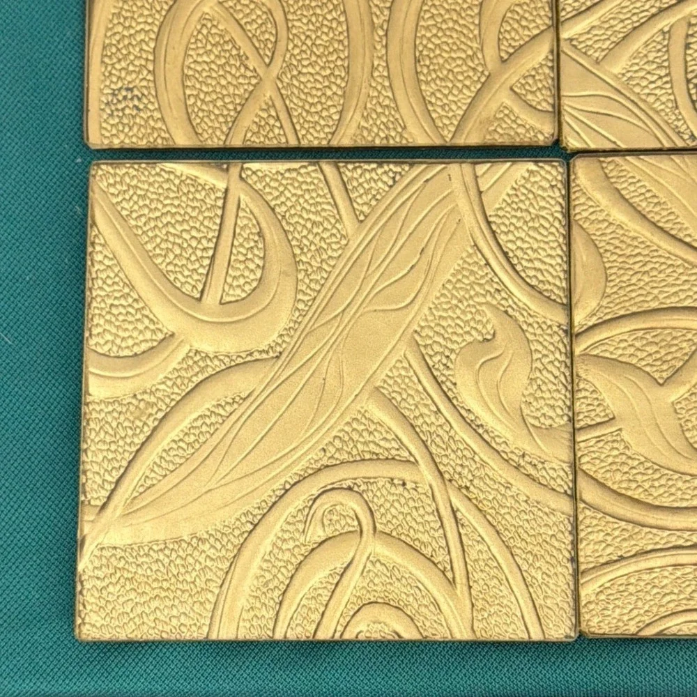 Vintage Gold Tone Art Nouveau Swirl Square Coasters Set of 4 MCM